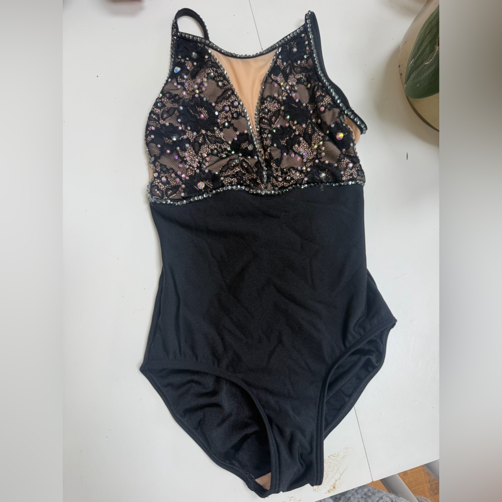 Dazzling custom solo dance costume Black Lace & Beaded Girls One-Piece CHL